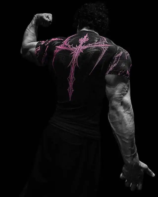 GYM T-shirt Men's Dark Gothic Print Muscle Tee  High Elasticity And Quick Drying Exercise For Bodybuilding Training 2026 Summer