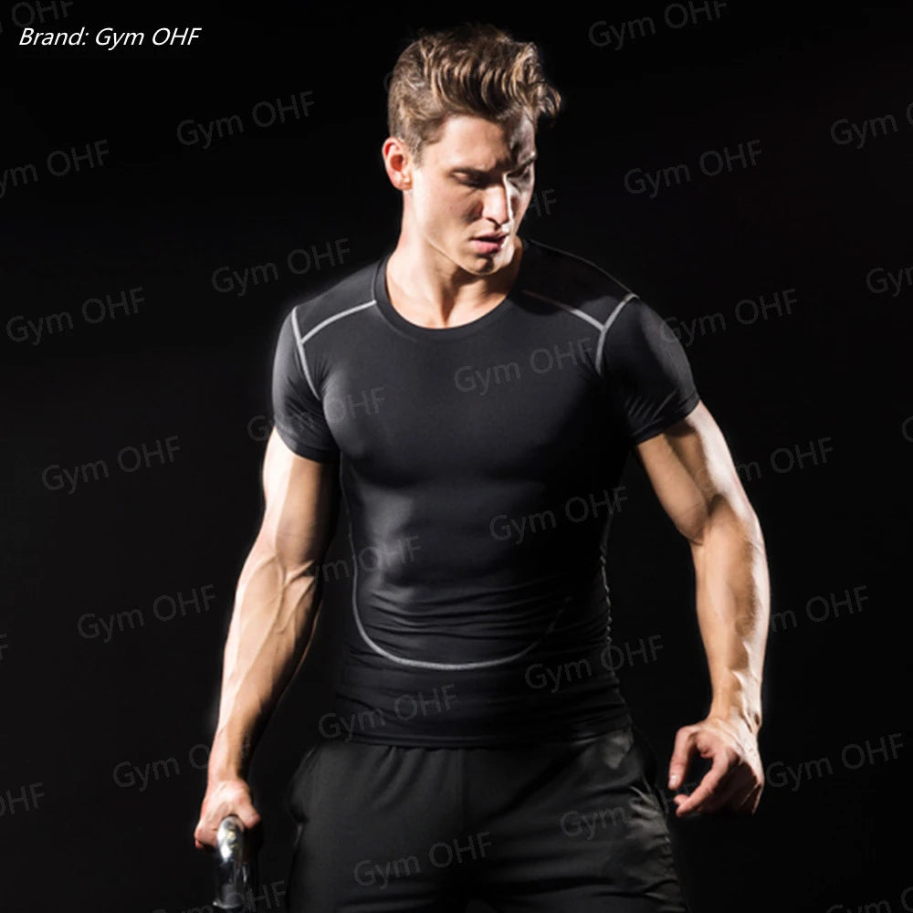 Gym Fitness T shirt Men's Short Sleeve Summer Boxing Jersey Legging Men Rashguard Compression Pants Quick Dry Tight T-shirts Men