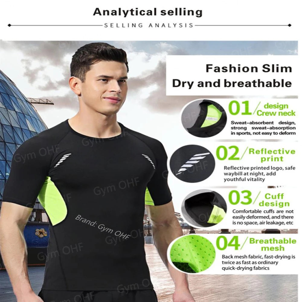 Gym Fitness T shirt Men's Short Sleeve Summer Boxing Jersey Legging Men Rashguard Compression Pants Quick Dry Tight T-shirts Men