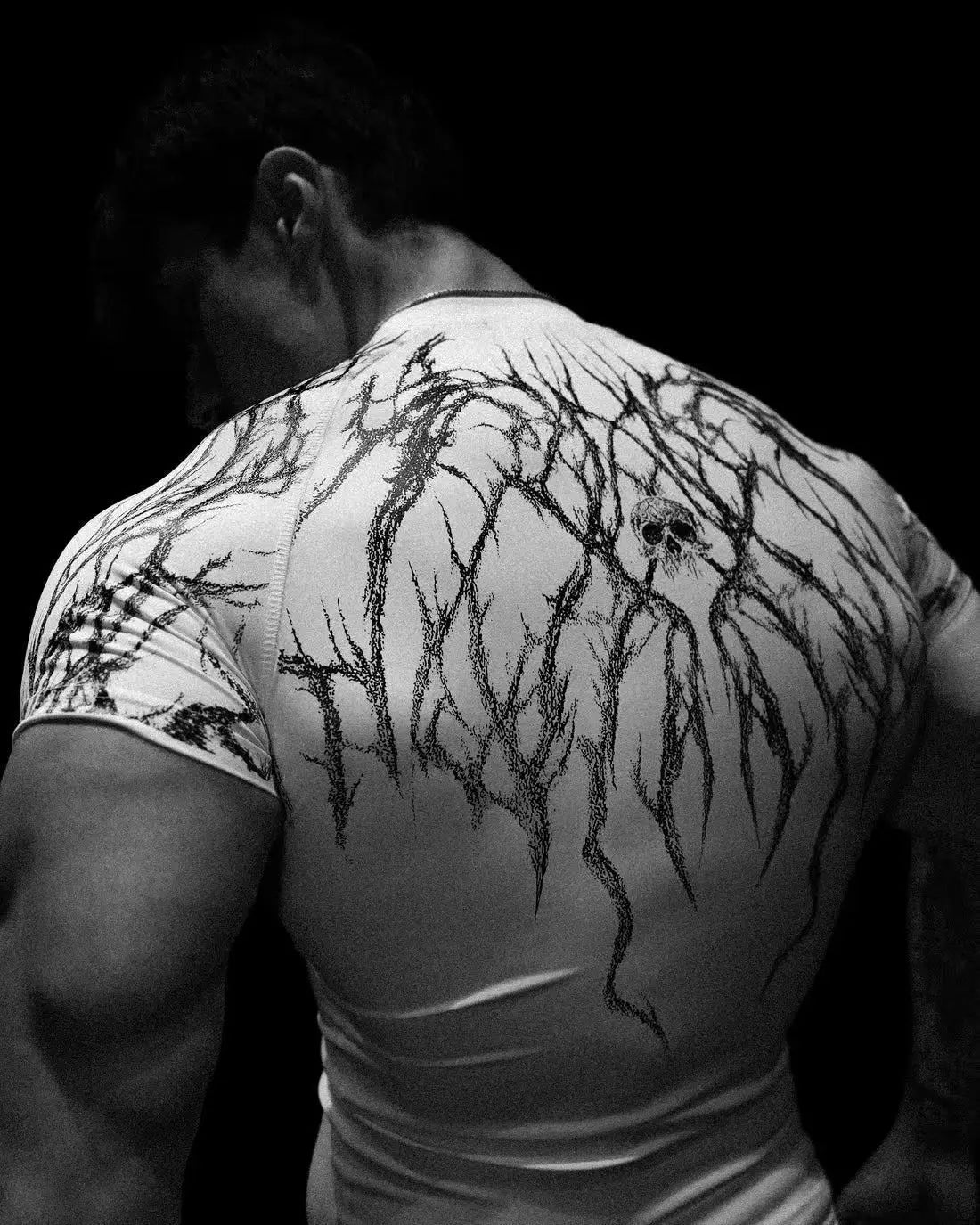 GYM T-shirt Men's Dark Gothic Print Muscle Tee High Elasticity And Quick Drying Exercise For Bodybuilding Training