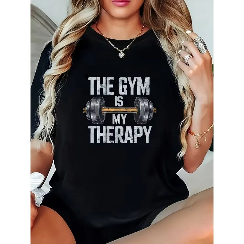 The Gym Is My Therapy Graphic T-Shirt Dumbbell Weightlifting Print Soft Casual Short Sleeve Women Daily Basic Top