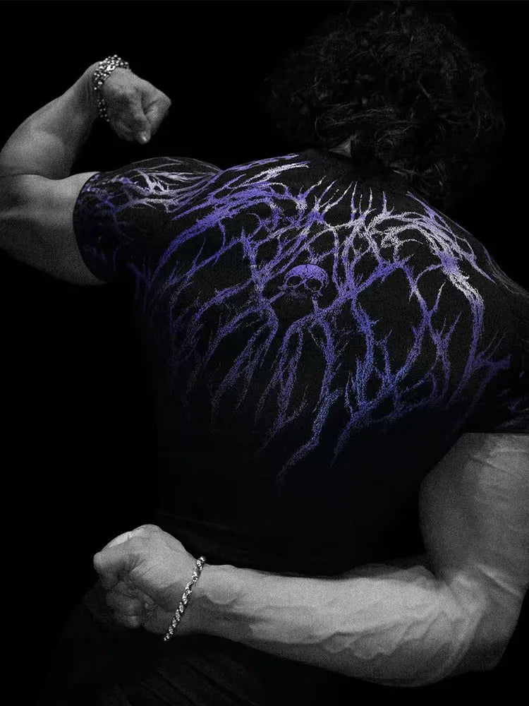 GYM T-shirt Men's Dark Gothic Print Muscle Tee High Elasticity And Quick Drying Exercise For Bodybuilding Training