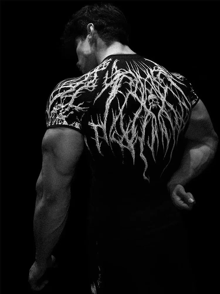 GYM T-shirt Men's Dark Gothic Print Muscle Tee High Elasticity And Quick Drying Exercise For Bodybuilding Training