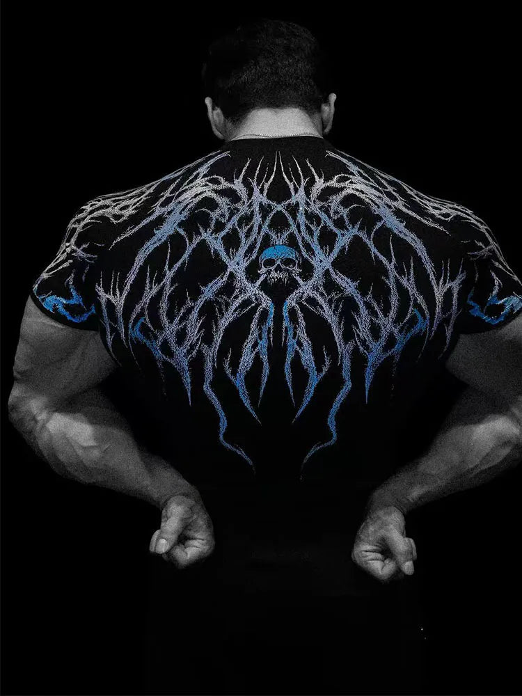GYM T-shirt Men's Dark Gothic Print Muscle Tee High Elasticity And Quick Drying Exercise For Bodybuilding Training