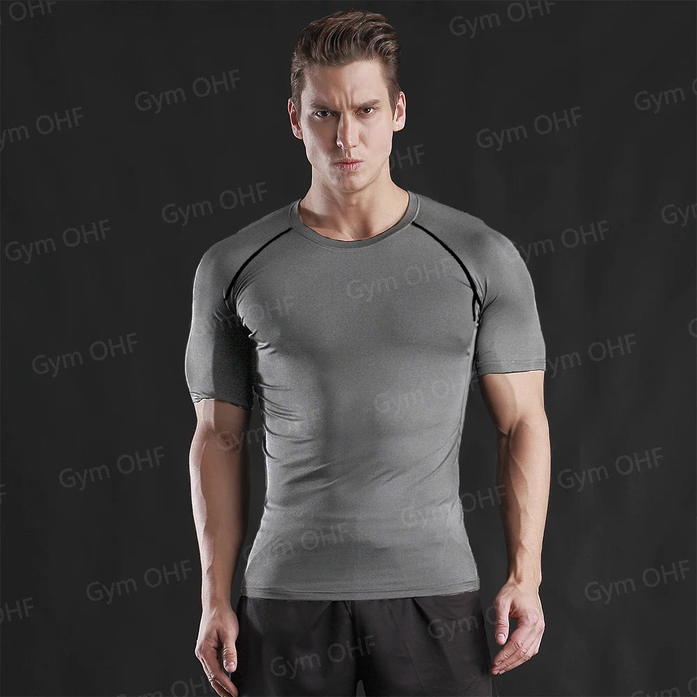 Gym Fitness T shirt Men's Short Sleeve Summer Boxing Jersey Legging Men Rashguard Compression Pants Quick Dry Tight T-shirts Men