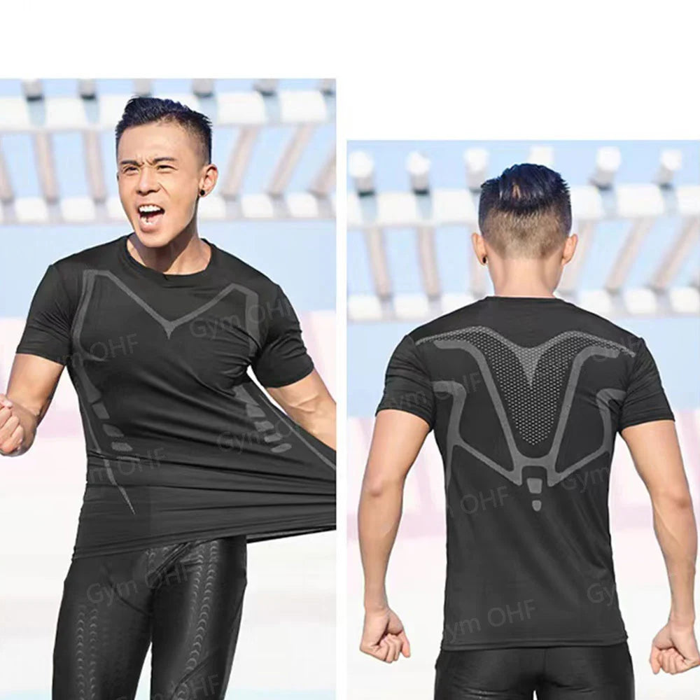 Gym Fitness T shirt Men's Short Sleeve Summer Boxing Jersey Legging Men Rashguard Compression Pants Quick Dry Tight T-shirts Men