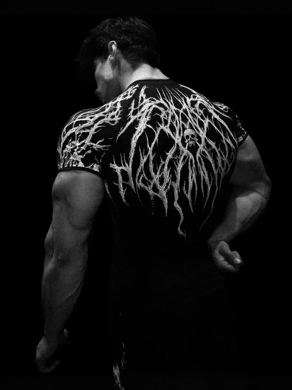 GYM T-shirt Men's Dark Gothic Print Muscle Tee High Elasticity And Quick Drying Exercise For Bodybuilding Training