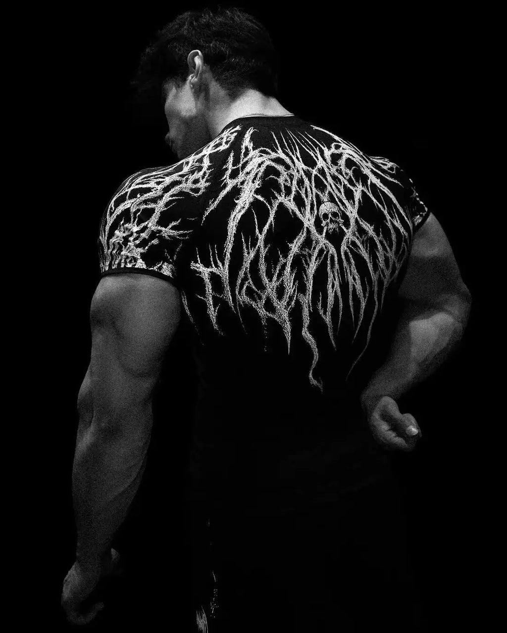GYM T-shirt Men's Dark Gothic Print Muscle Tee High Elasticity And Quick Drying Exercise For Bodybuilding Training