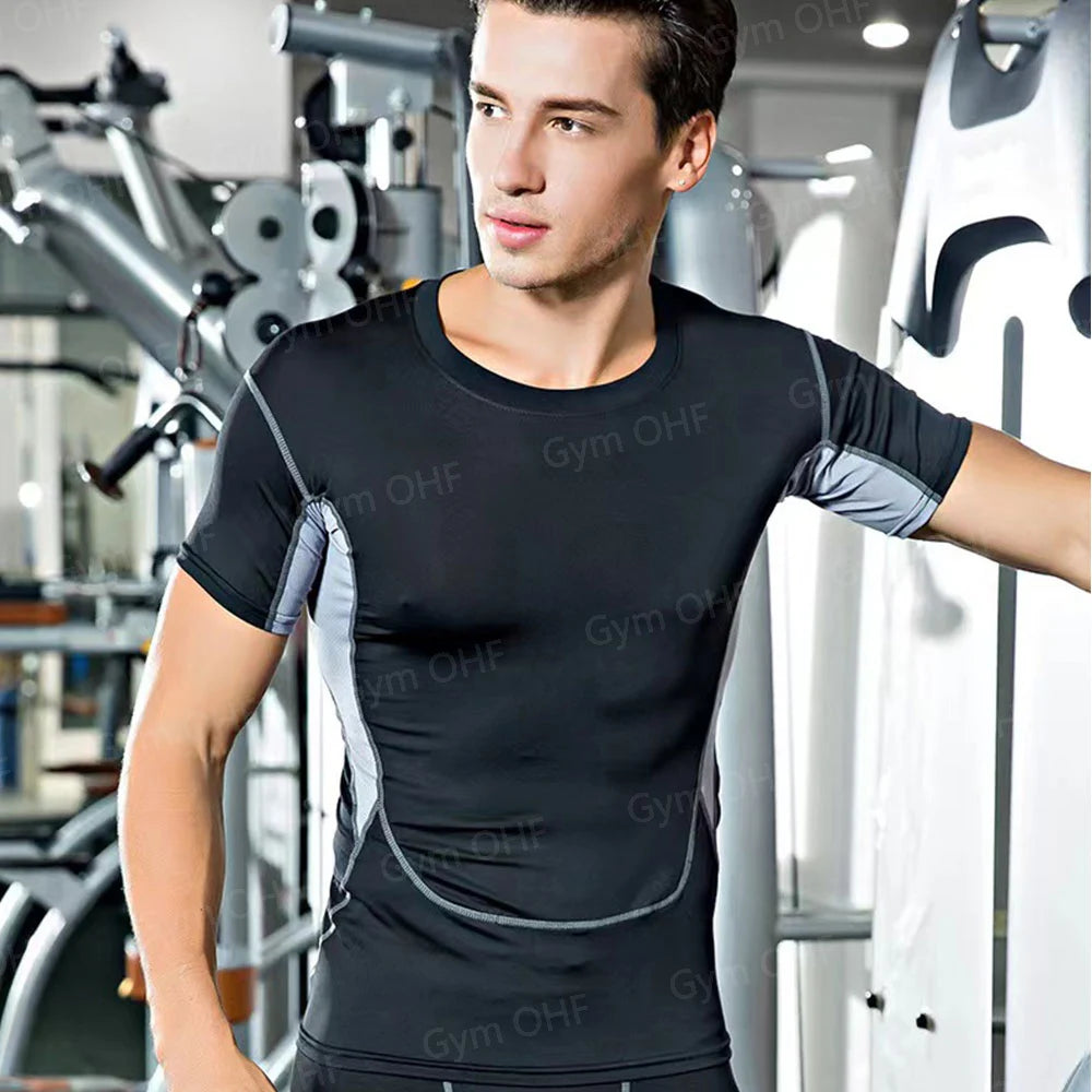 Gym Fitness T shirt Men's Short Sleeve Summer Boxing Jersey Legging Men Rashguard Compression Pants Quick Dry Tight T-shirts Men