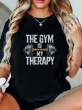 The Gym Is My Therapy Graphic T-Shirt Dumbbell Weightlifting Print Soft Casual Short Sleeve Women Daily Basic Top
