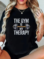 The Gym Is My Therapy Graphic T-Shirt Dumbbell Weightlifting Print Soft Casual Short Sleeve Women Daily Basic Top
