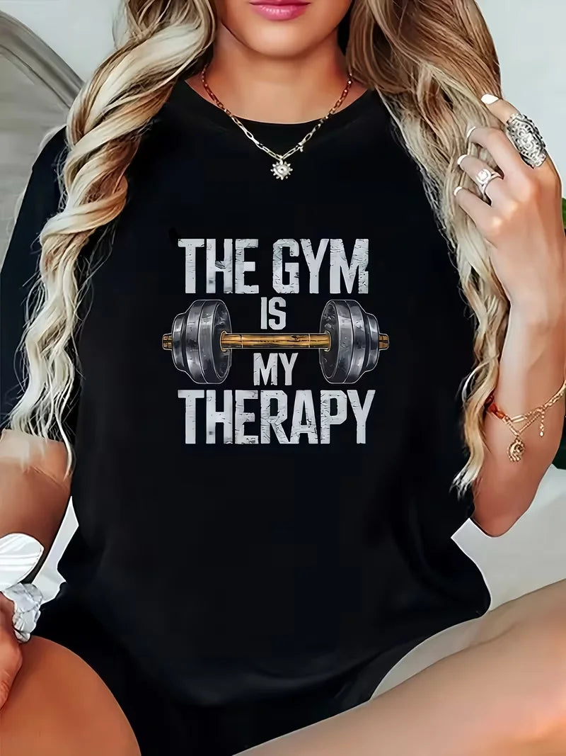 The Gym Is My Therapy Graphic T-Shirt Dumbbell Weightlifting Print Soft Casual Short Sleeve Women Daily Basic Top