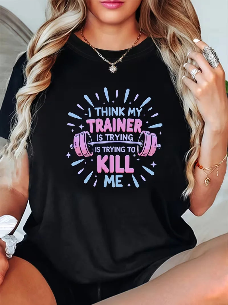 The Gym Is My Therapy Graphic T-Shirt Dumbbell Weightlifting Print Soft Casual Short Sleeve Women Daily Basic Top