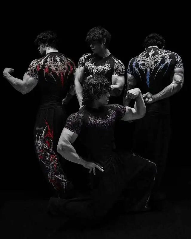 GYM T-shirt Men's Dark Gothic Print Muscle Tee  High Elasticity And Quick Drying Exercise For Bodybuilding Training 2026 Summer