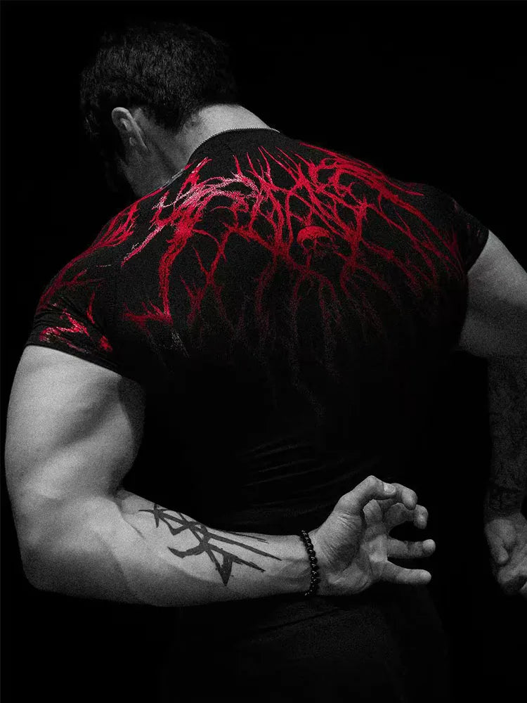GYM T-shirt Men's Dark Gothic Print Muscle Tee High Elasticity And Quick Drying Exercise For Bodybuilding Training