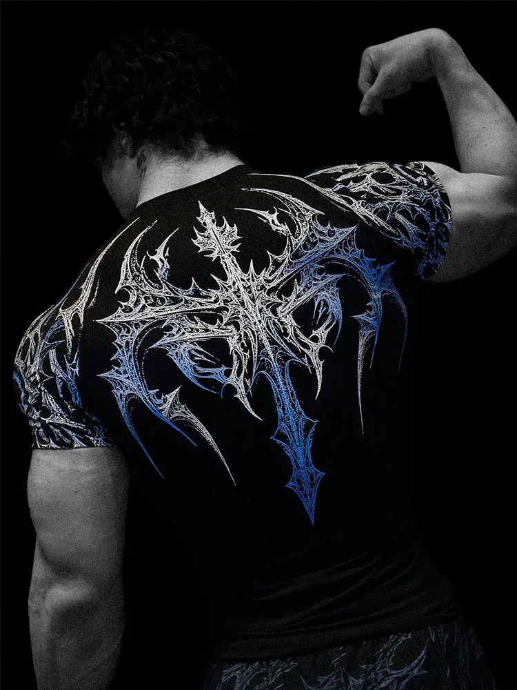 GYM T-shirt Men's Dark Gothic Print Muscle Tee  High Elasticity And Quick Drying Exercise For Bodybuilding Training 2026 Summer