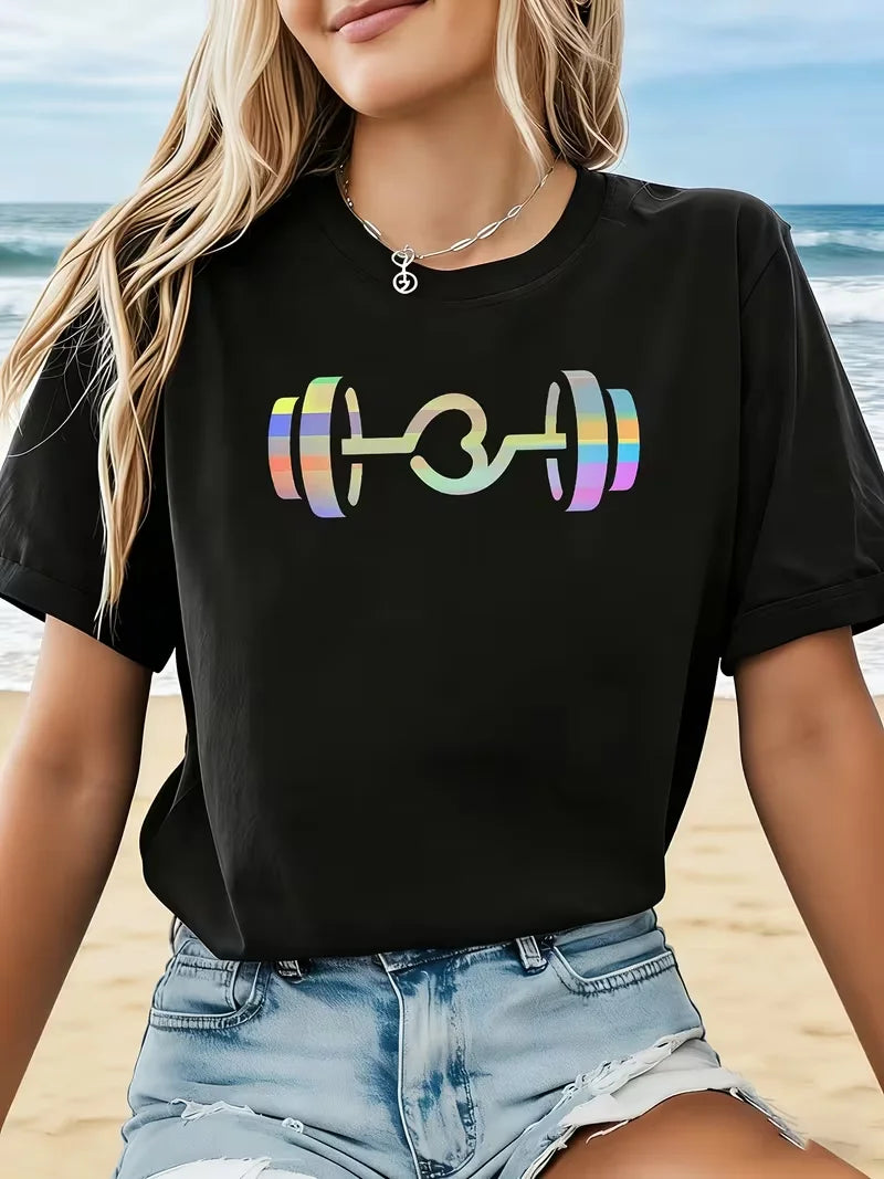 The Gym Is My Therapy Graphic T-Shirt Dumbbell Weightlifting Print Soft Casual Short Sleeve Women Daily Basic Top